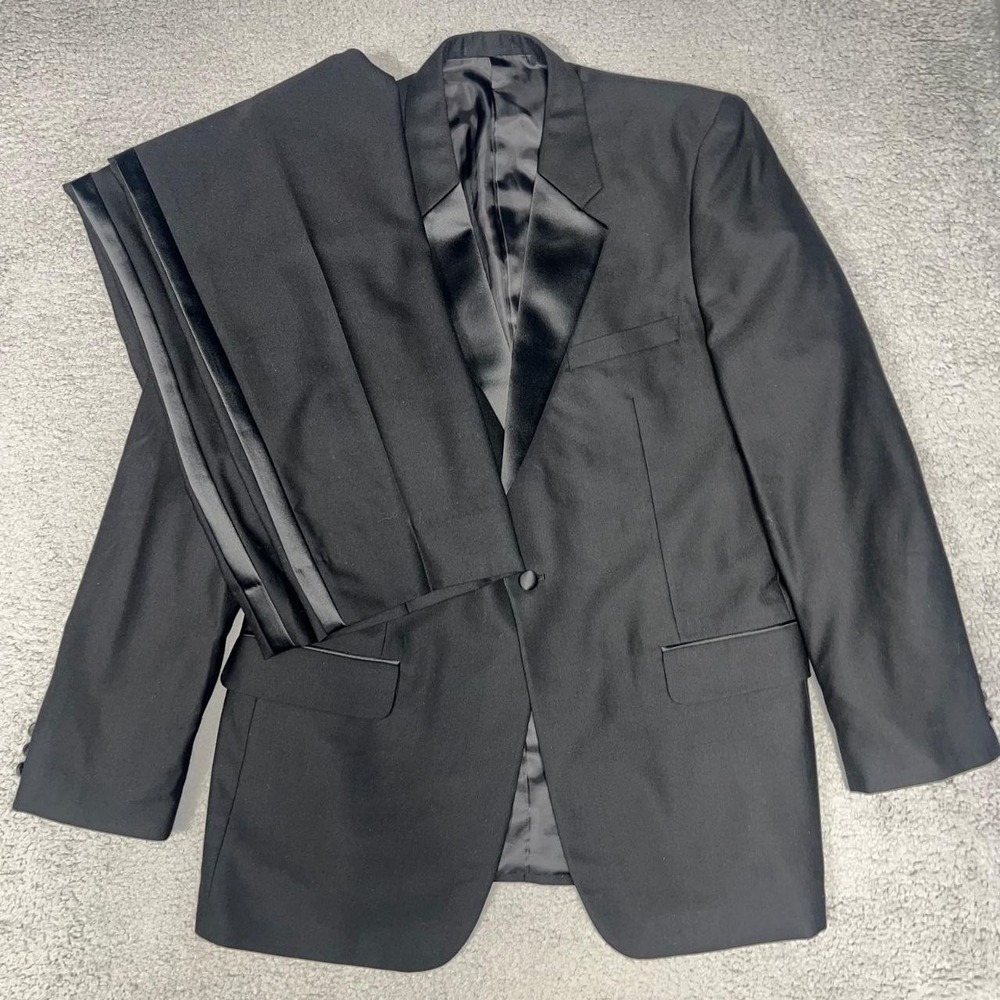 Versini 2 Pc Tuxedo Suit Men's XL 44 & 38x32 Black Satin Notch Wool Blazer Pants